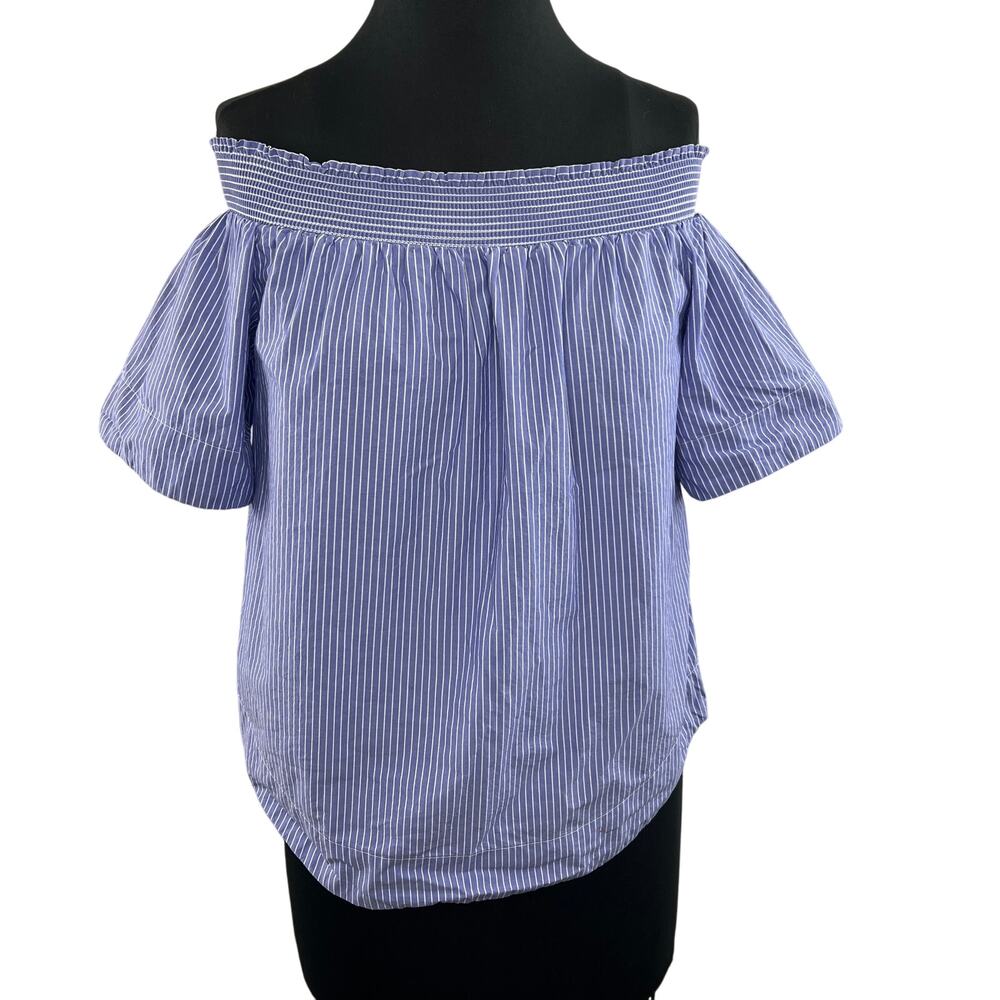J. Crew Blue White Striped Off-the-Shoulder Short Sleeve Cotton Blouse Size 6